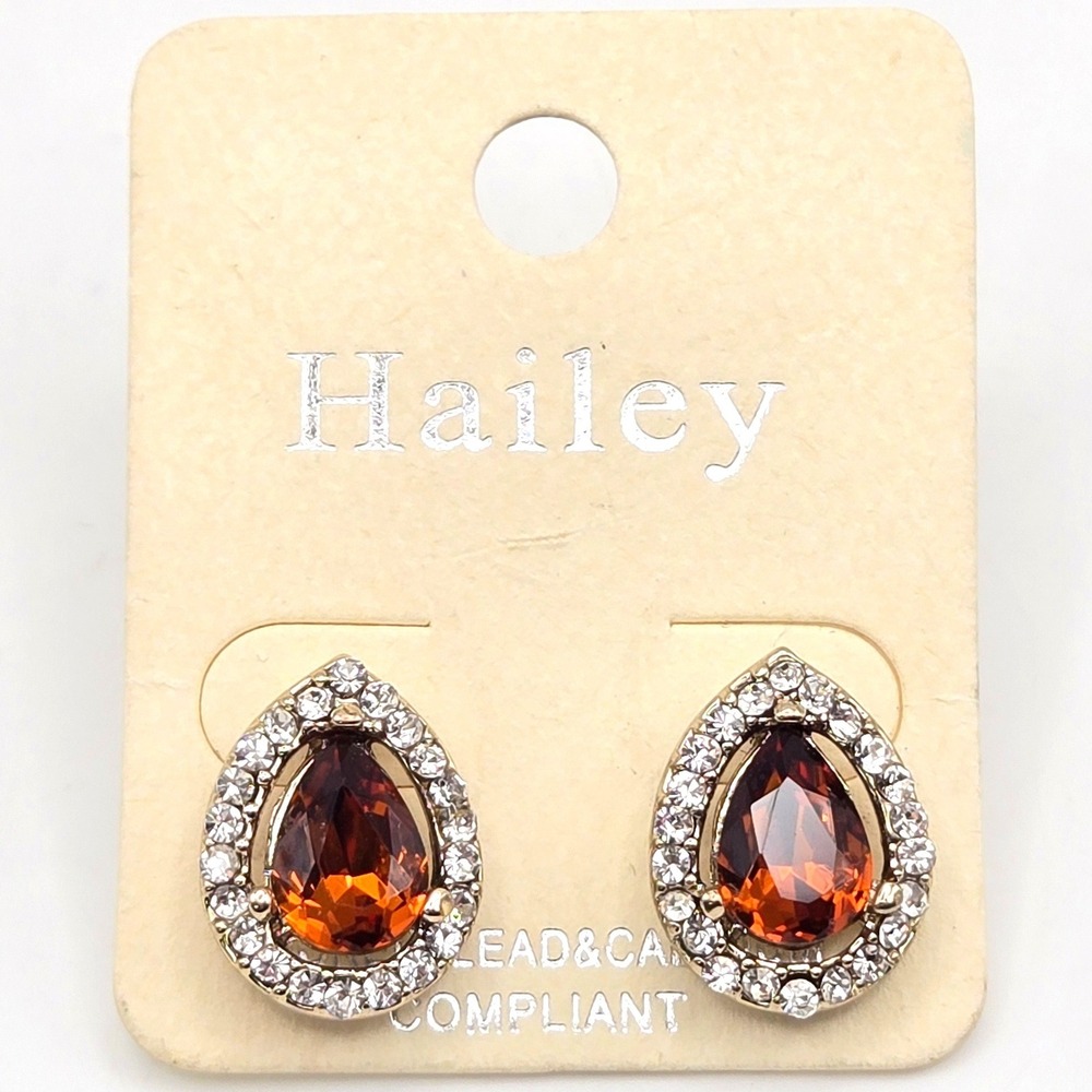 Hailey Gold Tone Faux Topaz Teardrop Stud Earrings Clear Crystal Halo Post Back
